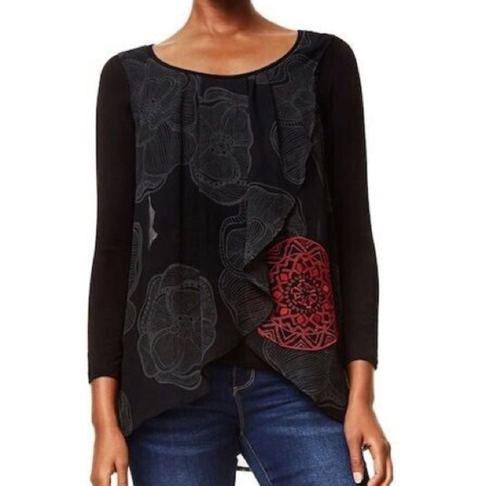 Desigual Blackville Chiffon Top Womens XS Asian Print Jersey Stretch Whimsigoth